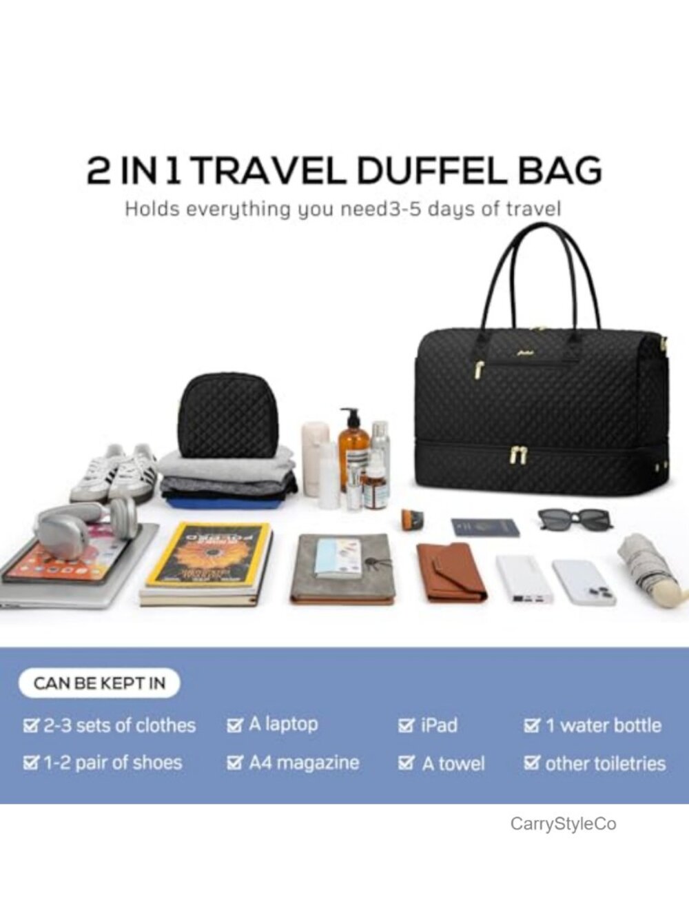 Travel Weekender Bag Duffle with Shoe Compartment Carry On - Picture 3 of 5
